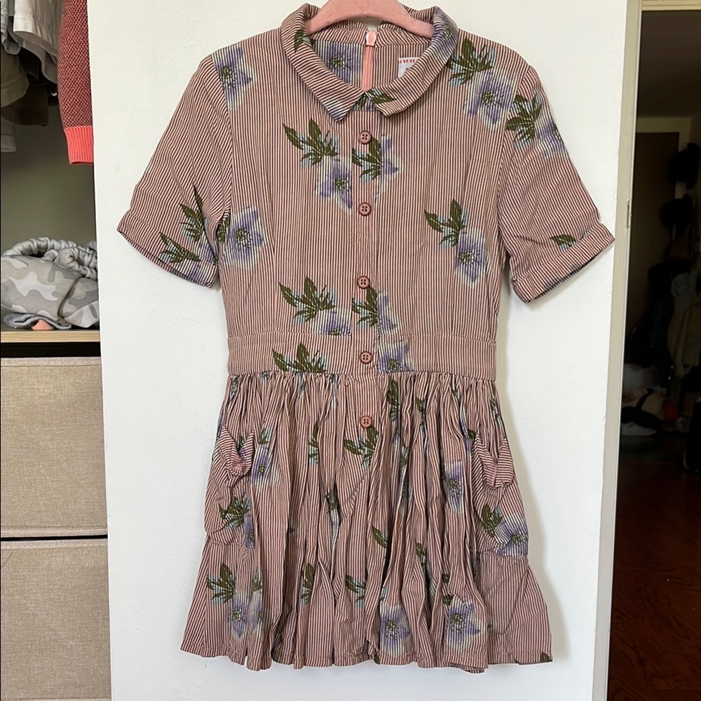 Morley Pink and Green Pleated Sundress with Peter Pan Collar